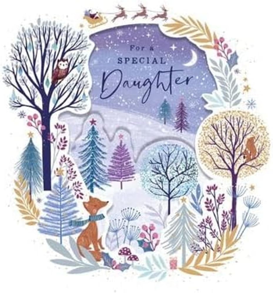UK Greetings Special Daughter Christmas Card - Snowy Winter Woodland with Foil and Cut Out Details - Eco-Friendly, 178 x 178 mm, Purple, Pink, Blue, Brown, White, ()