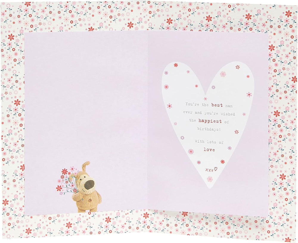 Boofle birthday card for Mam with envelope, featuring a lovely floral vase design by UK Greetings.