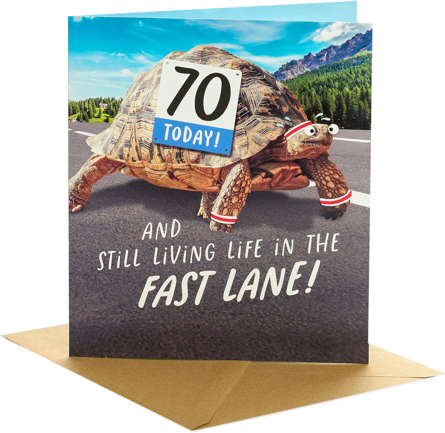 UK Greetings 70th birthday card featuring a funny tortoise design with an envelope, suitable for her or him.