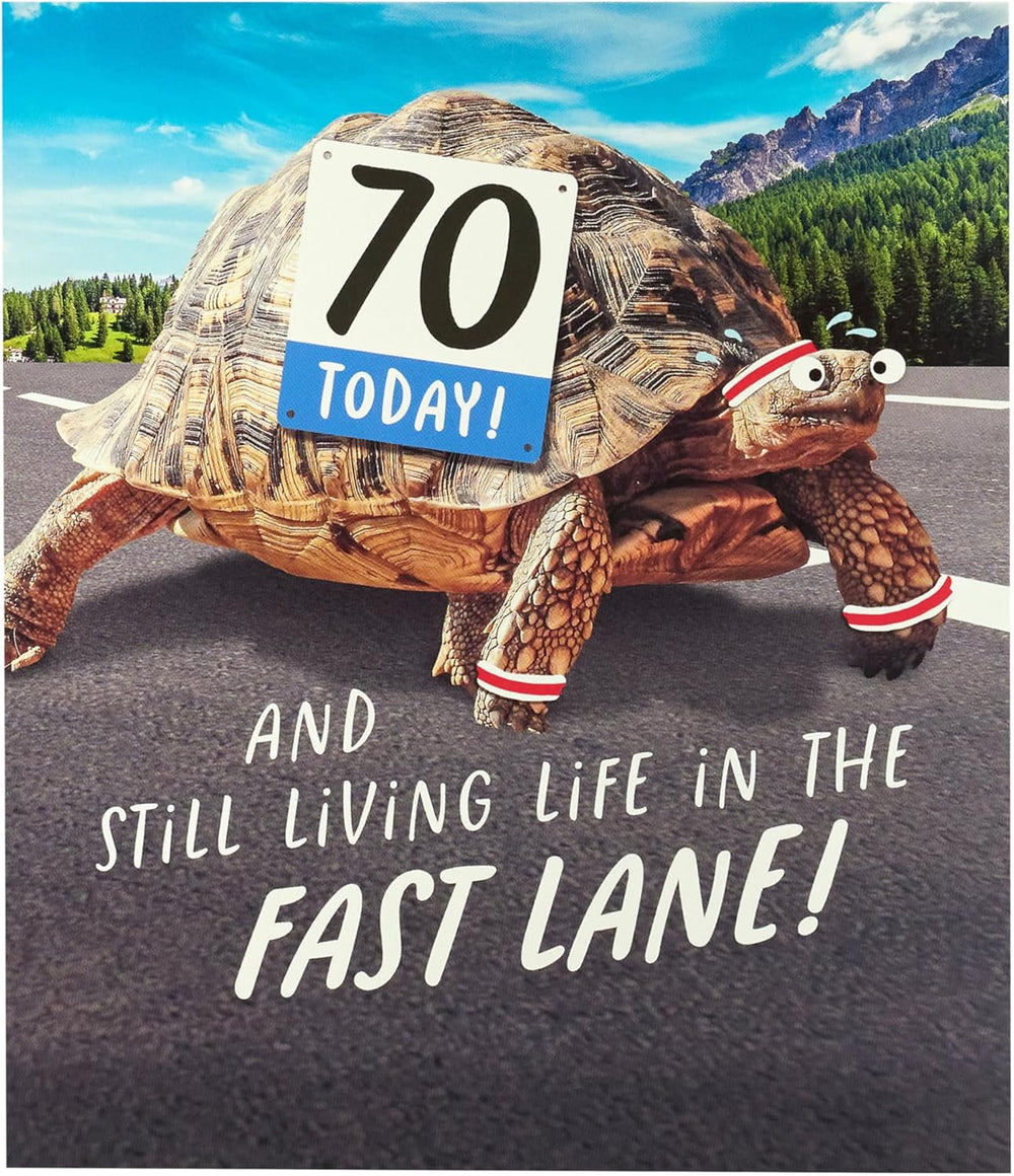 UK Greetings 70th Birthday Card with funny tortoise design, envelope included, perfect for her or him birthday celebrations.