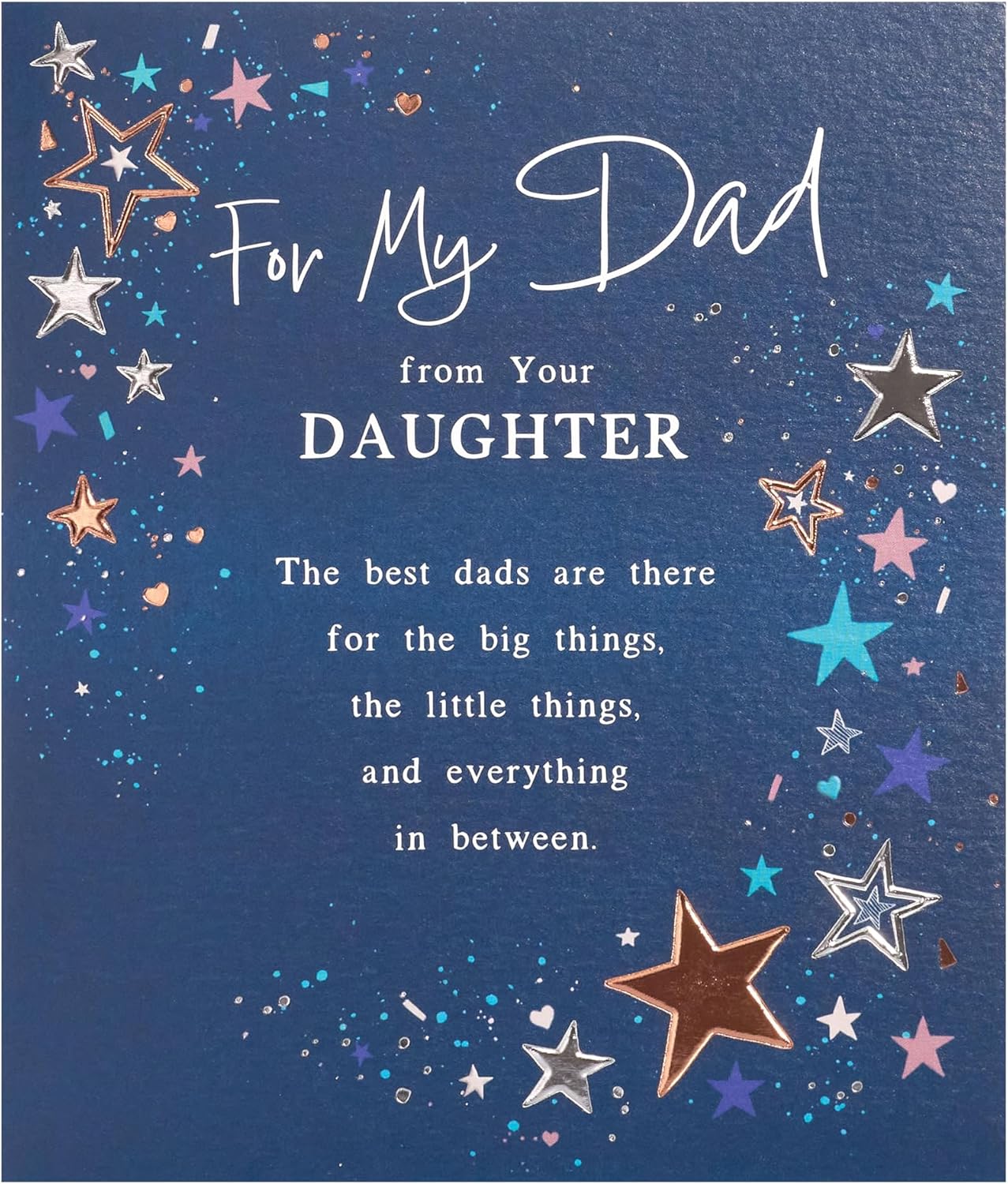 UK Greetings birthday card for Dad from daughter with starry design, featuring colorful illustrations and heartfelt message.