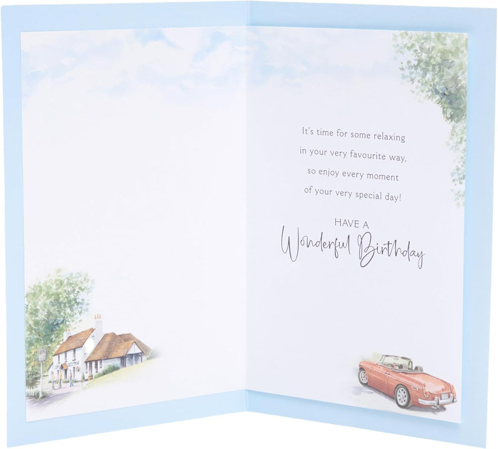 UK Greetings birthday card for Dad featuring sports car and pub design from the Thinking of You range.