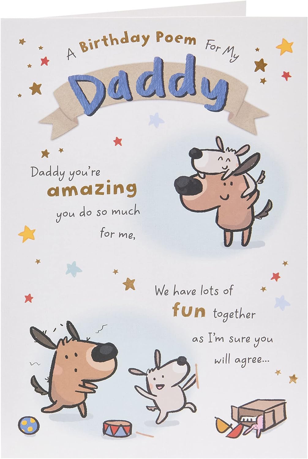 UK Greetings birthday card for Daddy featuring a funny dog design, with colorful illustrations and playful text.