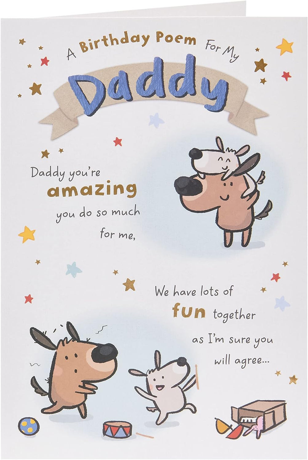 UK Greetings birthday card for Daddy featuring a funny dog design, with colorful illustrations and playful text.