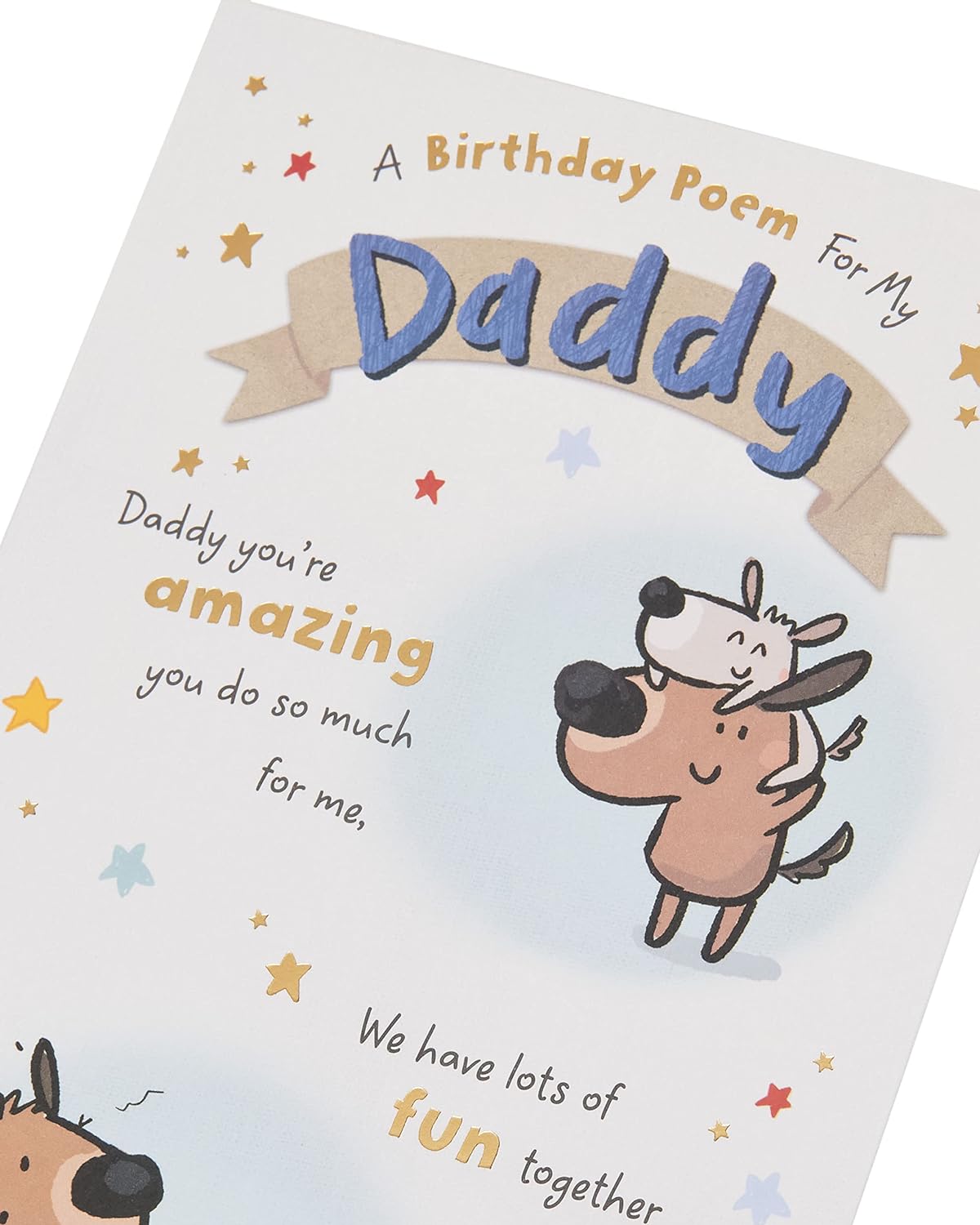 UK Greetings birthday card for Daddy featuring a humorous dog design, with colorful illustrations and birthday message.