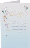UK Greetings birthday card for daughter titled "What Is a Daughter?" featuring colorful floral and heartfelt message inside.