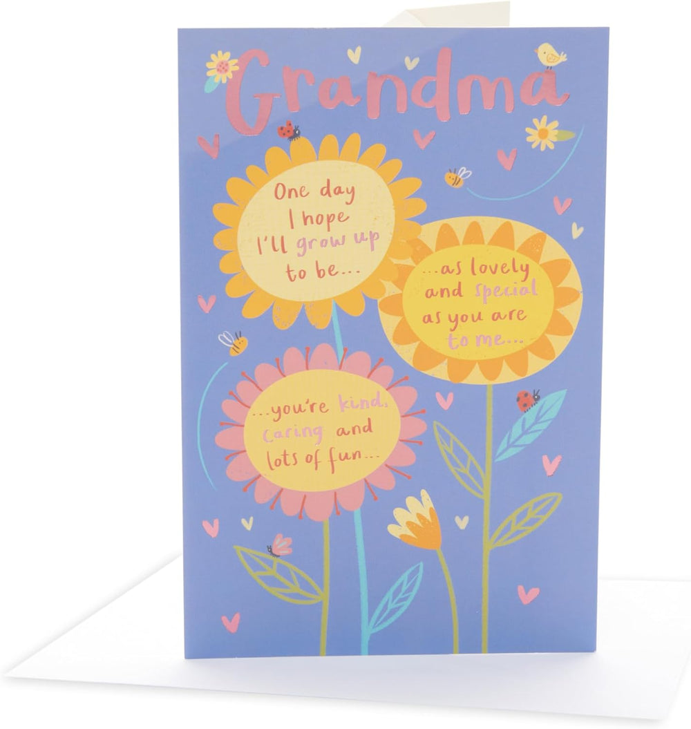 UK Greetings birthday card for grandma featuring a poem design, with colorful floral illustrations and heartfelt message inside.