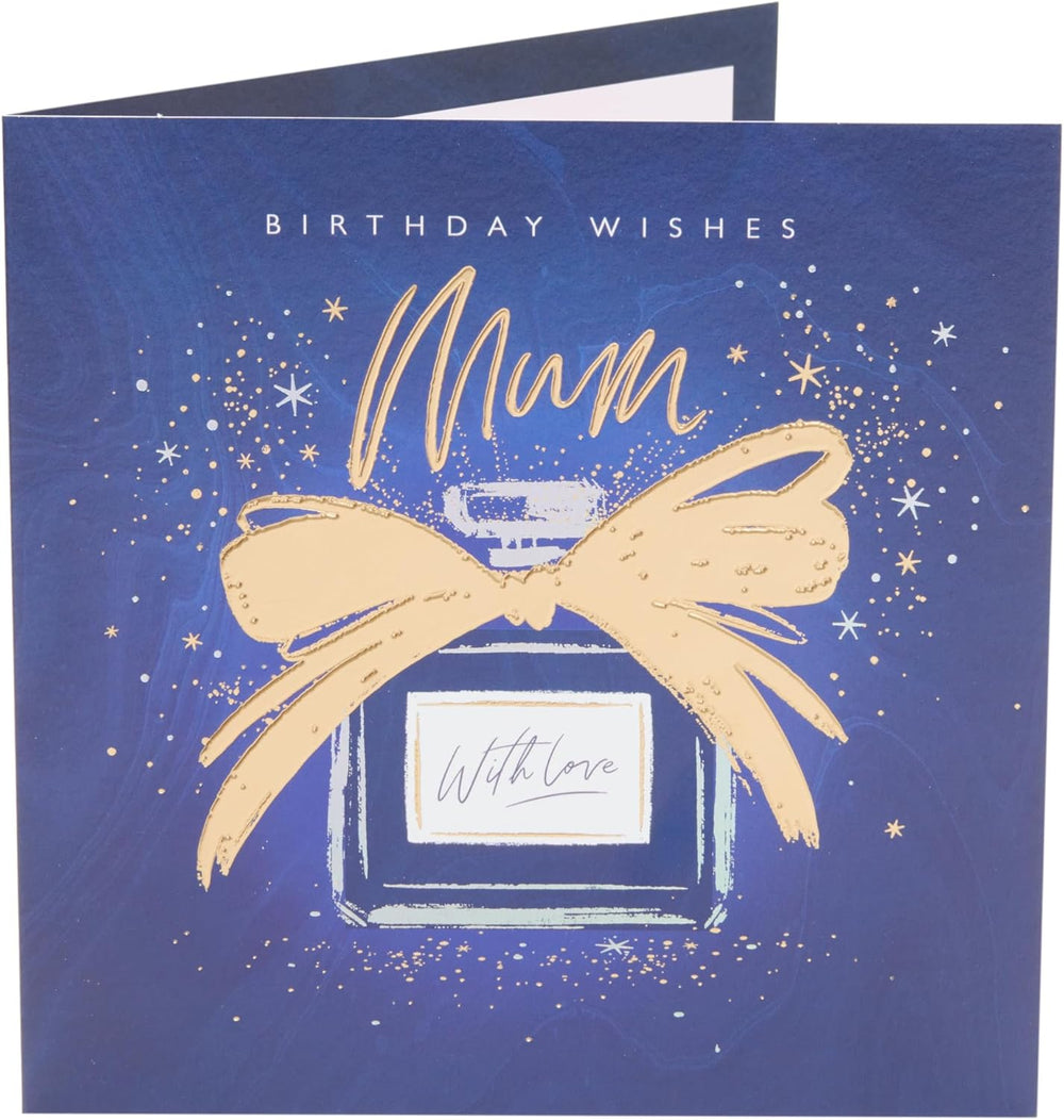 UK Greetings birthday card for Mum featuring a blue and gold design, with floral accents and elegant lettering.