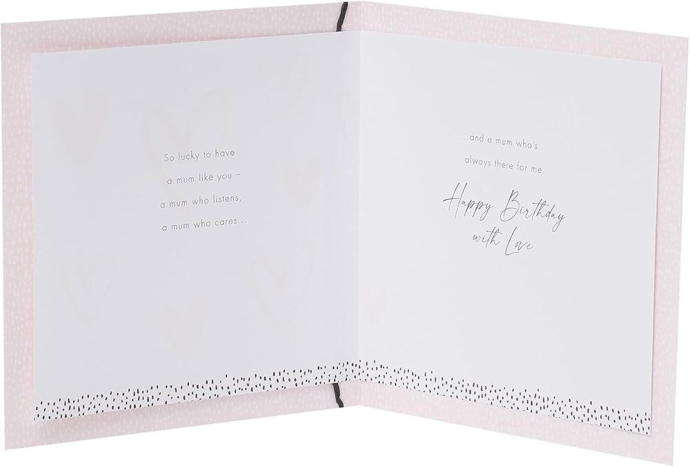 UK Greetings birthday card for Mum from Daughter with love heart design, featuring colorful illustrations and heartfelt message.