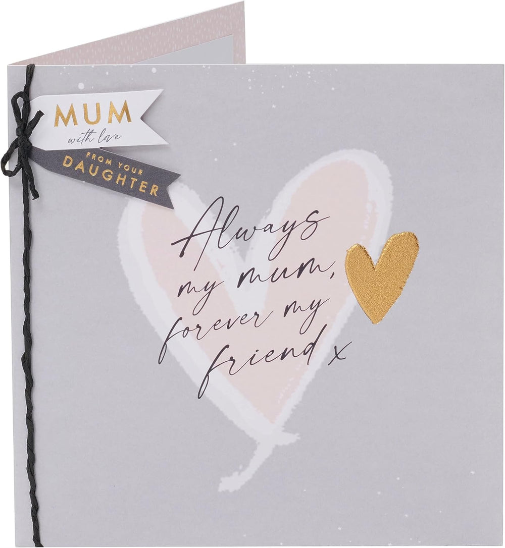UK Greetings birthday card for mum from daughter with love heart design, featuring colorful and decorative floral elements.