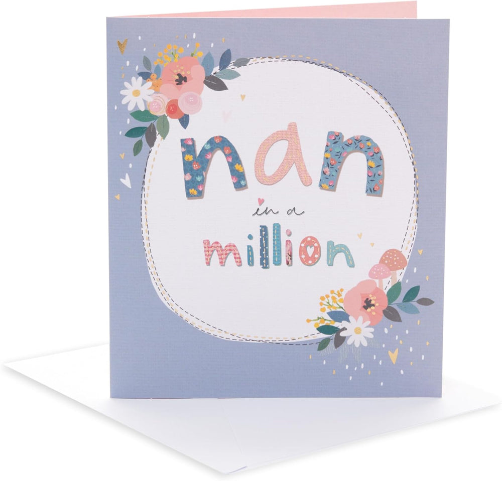 UK Greetings birthday card for Nan featuring heartfelt love and warm wishes with colorful floral designs and cheerful lettering.