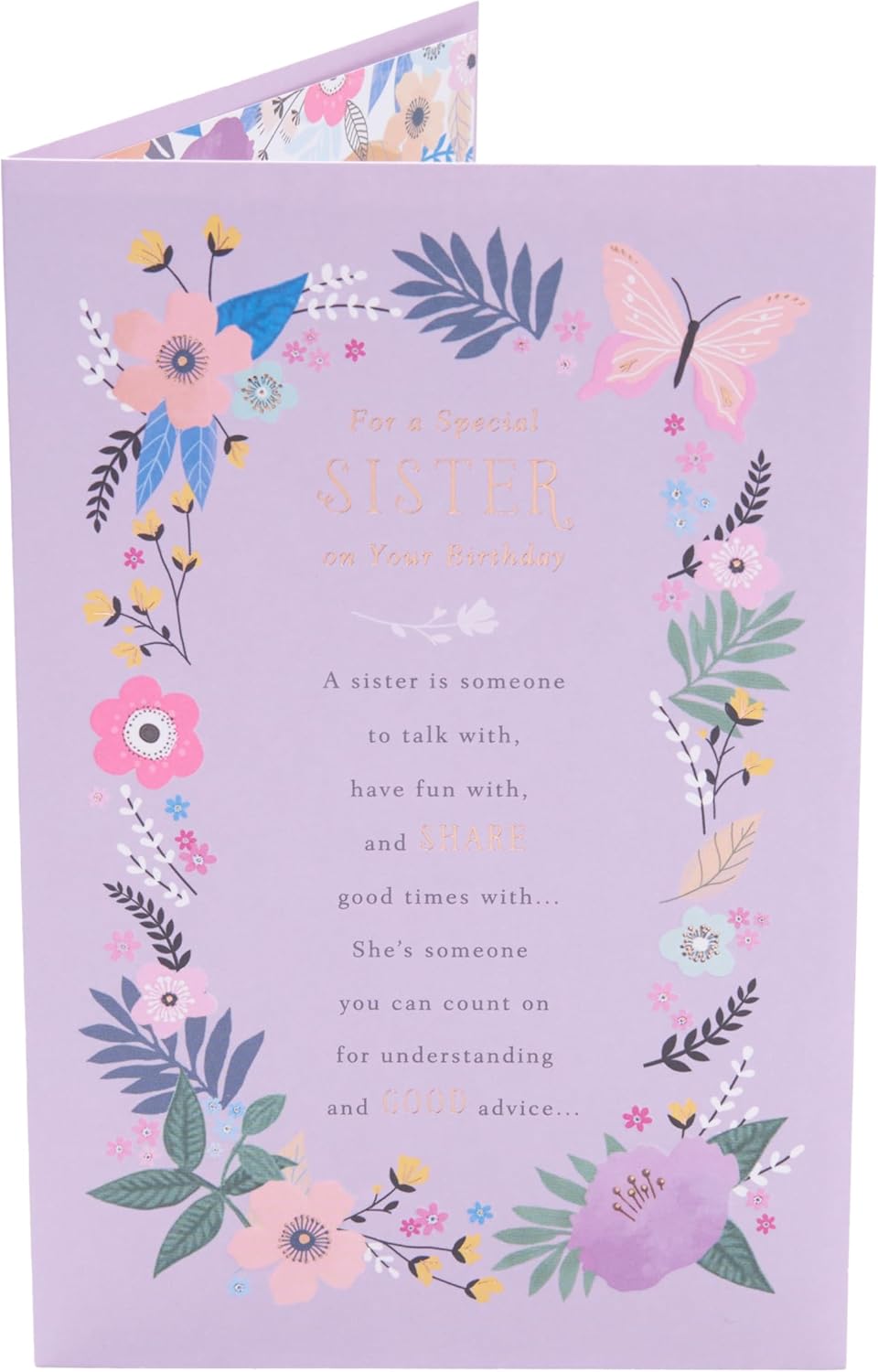 UK Greetings birthday card for sister featuring a floral border design from the Thinking of You range.