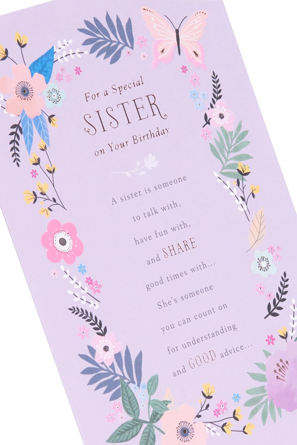 UK Greetings birthday card for sister with floral border design from the Thinking of You range, featuring colorful floral artwork.