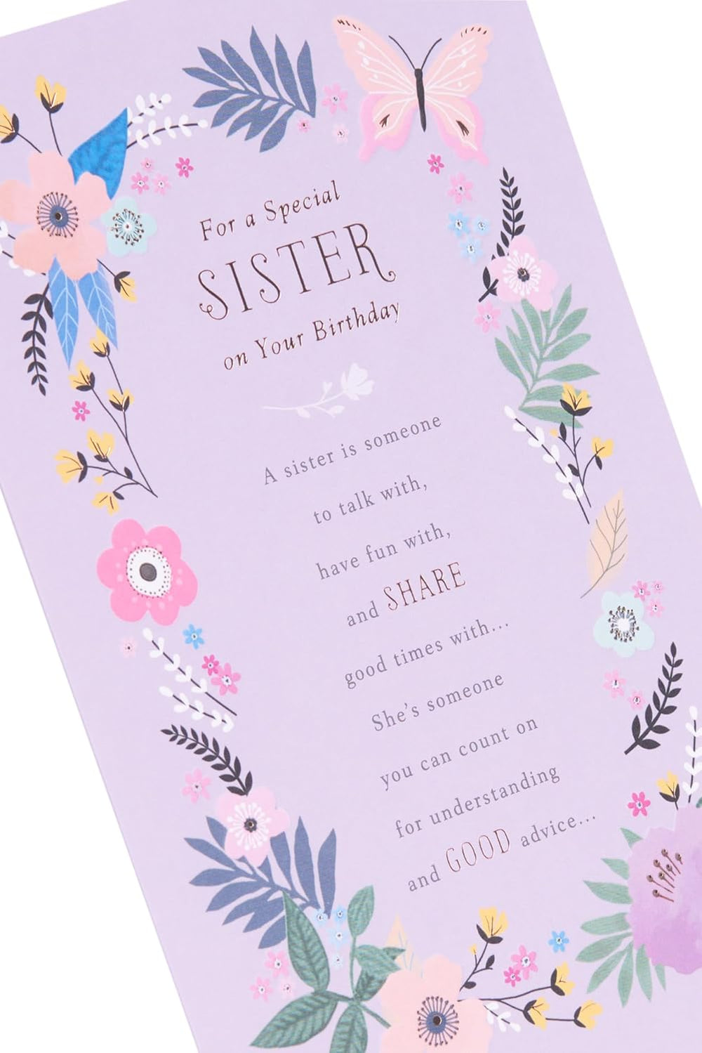 UK Greetings birthday card for sister with floral border design from the Thinking of You range, featuring colorful floral artwork.