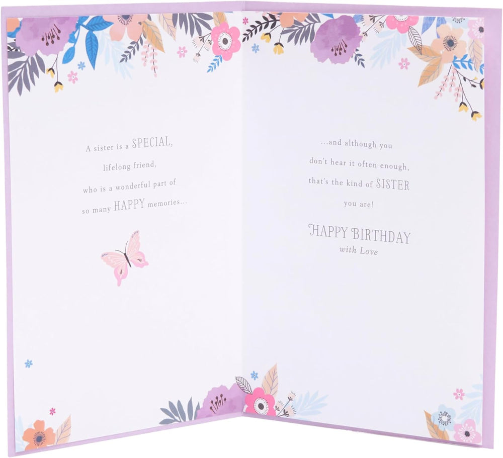 UK Greetings birthday card for sister featuring a floral border design from the Thinking of You range.