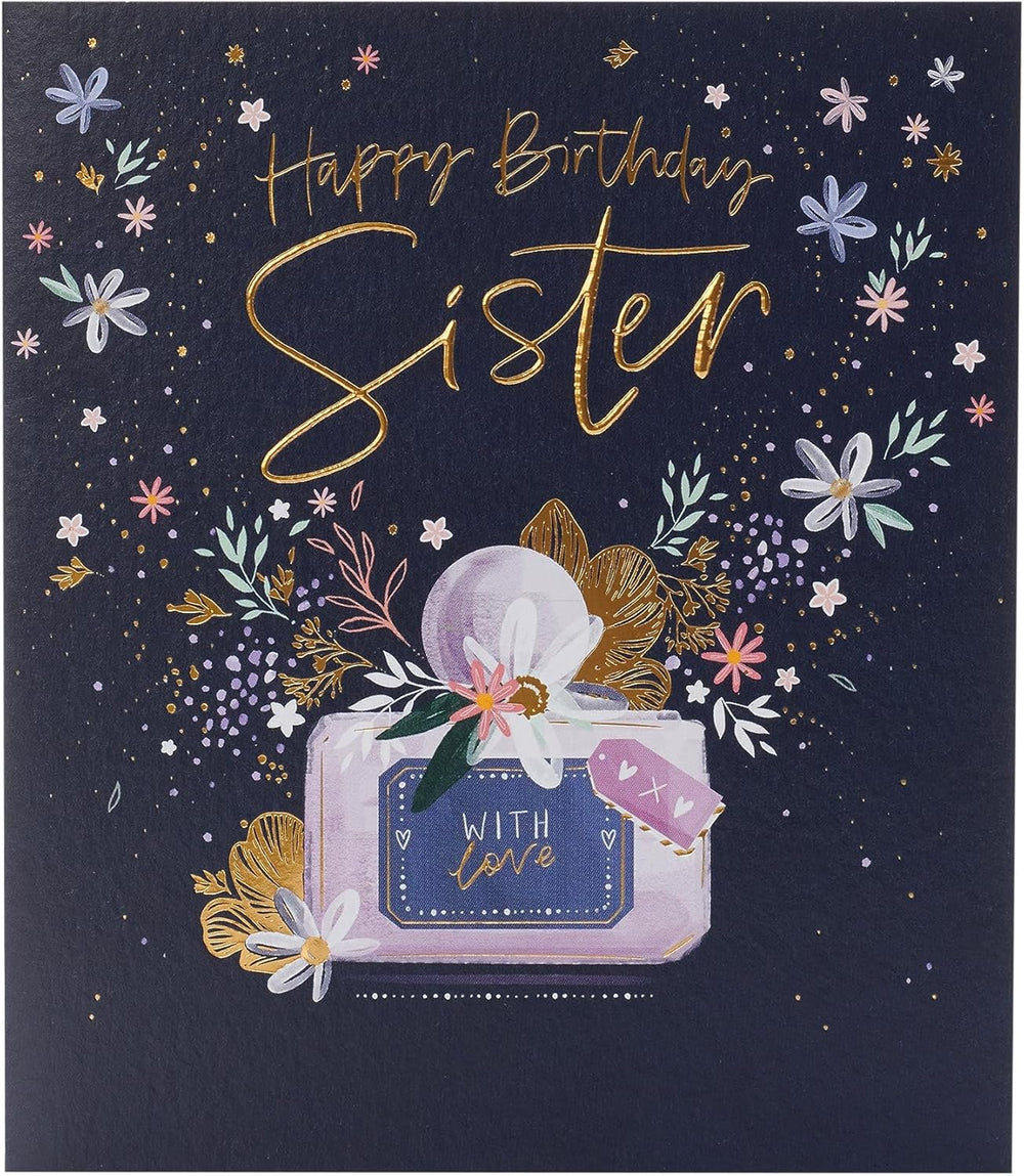 UK Greetings birthday card for sister featuring a floral perfume design with colorful, elegant floral artwork.