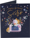 UK Greetings birthday card for sister featuring floral perfume design with elegant flowers and perfume bottle illustration.