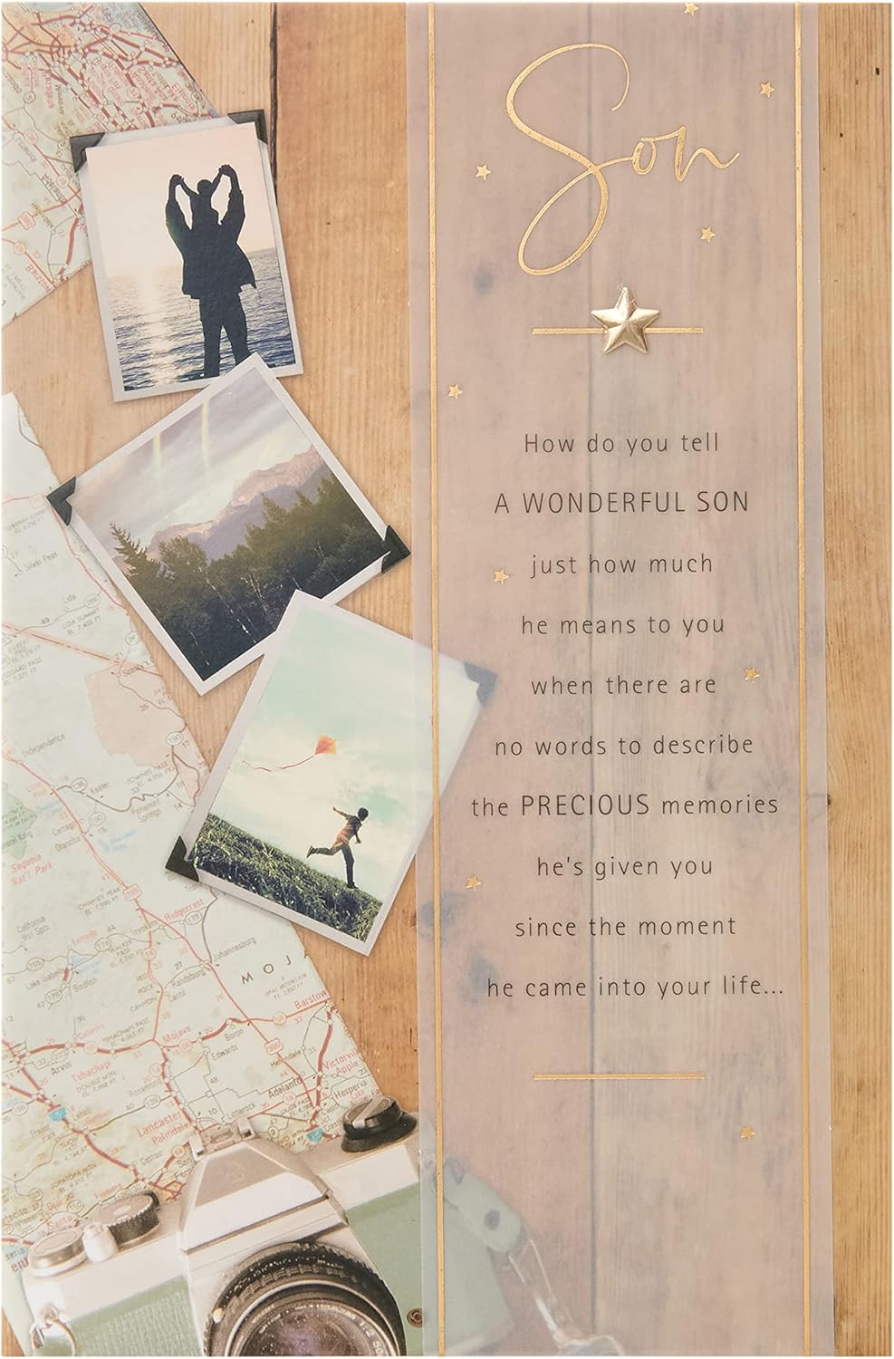 UK Greetings birthday card for son featuring a cute photographic montage design with an envelope inside.