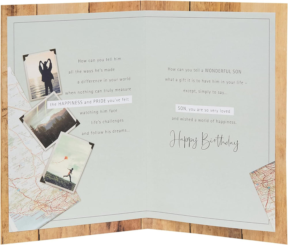 UK Greetings birthday card for son with envelope, featuring a cute photographic montage design.