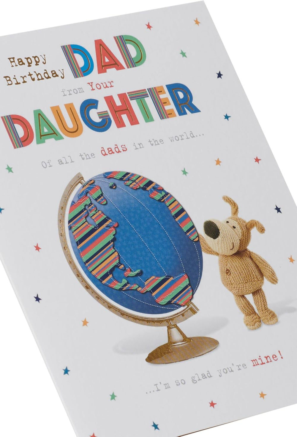 UK Greetings Boofle birthday card for dad from daughter, featuring a cute design with colorful illustrations and heartfelt message.