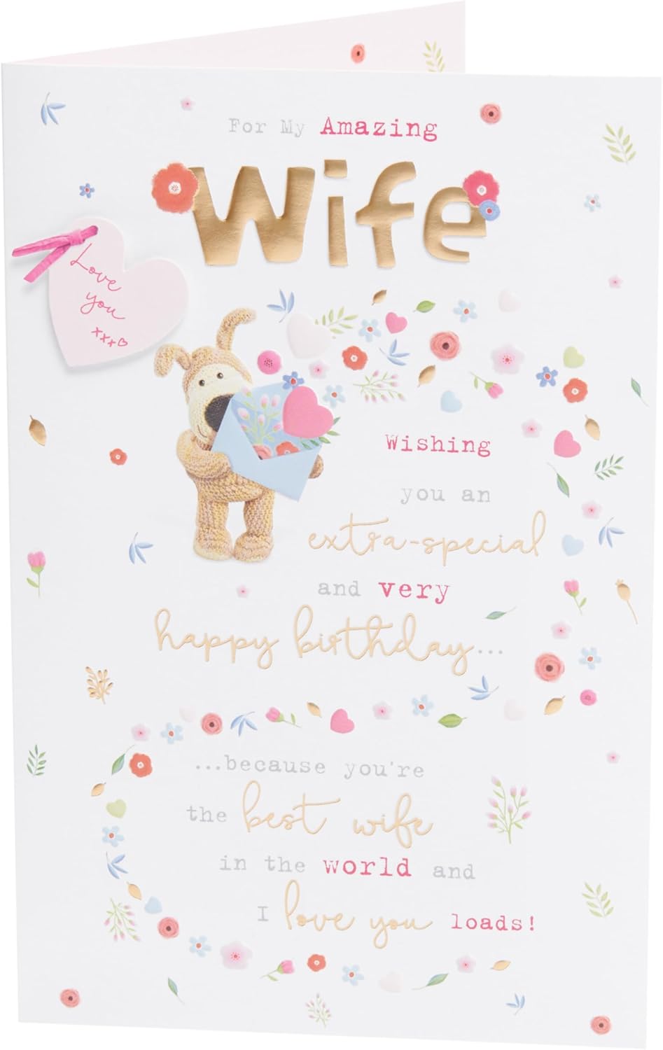 UK Greetings Boofle birthday card for wife featuring a cute design with colorful illustrations and heartfelt message.