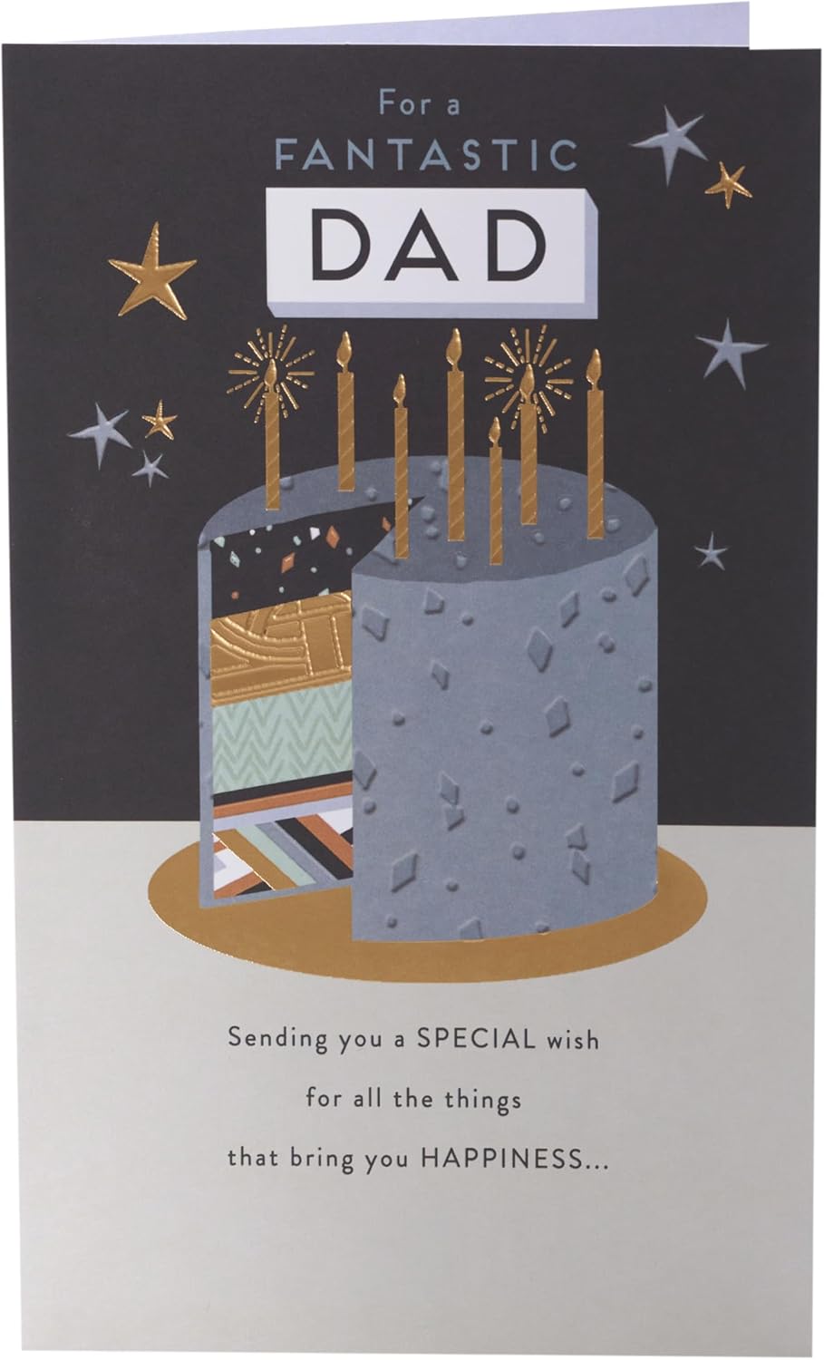 UK Greetings Dad birthday greeting card featuring a gold foil cake design, perfect for celebrating birthdays.