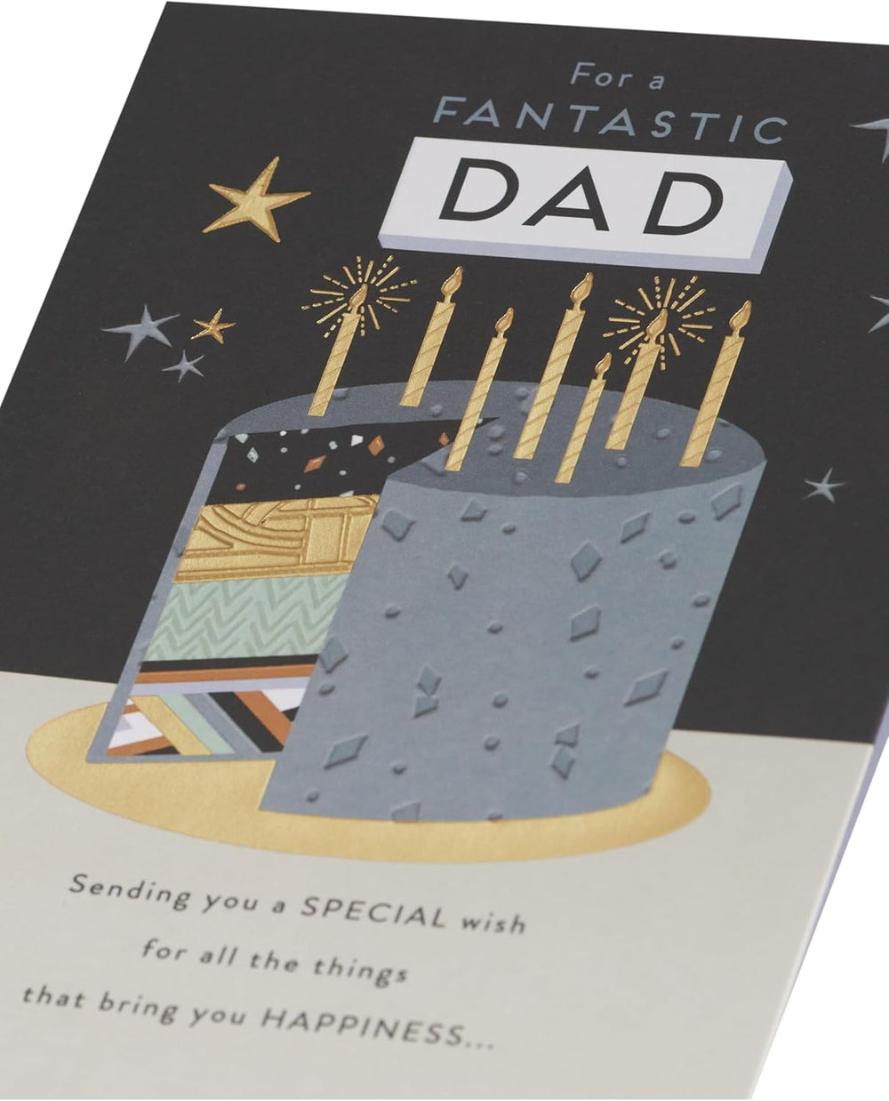 UK Greetings Dad birthday card featuring a gold foil cake design for celebrating special occasions.