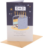 UK Greetings Dad birthday greeting card featuring a gold cake foil design, perfect for celebrating special occasions.