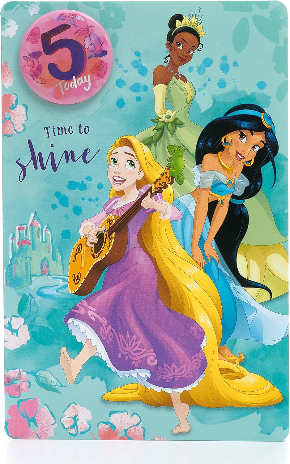 UK Greetings Disney 5th birthday card for girl featuring colorful Disney characters and cheerful birthday message.