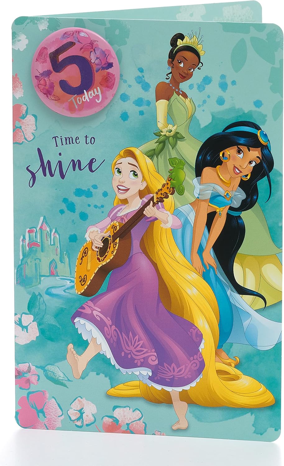 UK Greetings Disney 5th birthday card for girl, featuring colorful Disney characters and festive birthday-themed design.