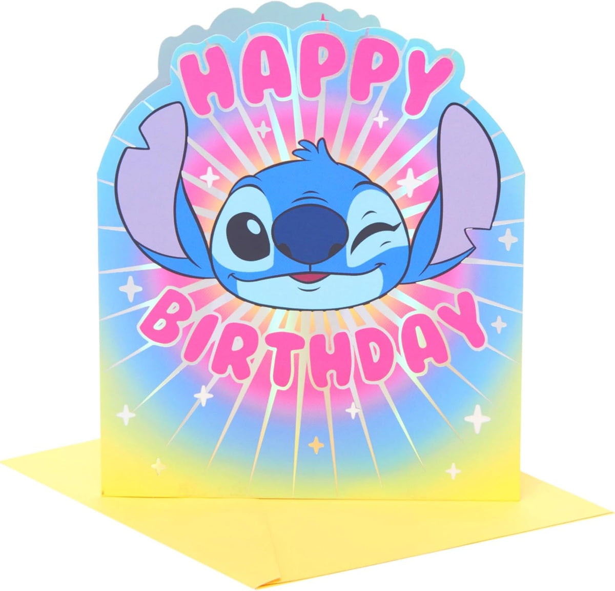 Colorful UK Greetings Disney Lilo & Stitch birthday card featuring vibrant characters and fun design, suitable for all ages.