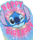 Colorful UK Greetings Disney Lilo & Stitch birthday card featuring vibrant characters, perfect for all ages celebrations.