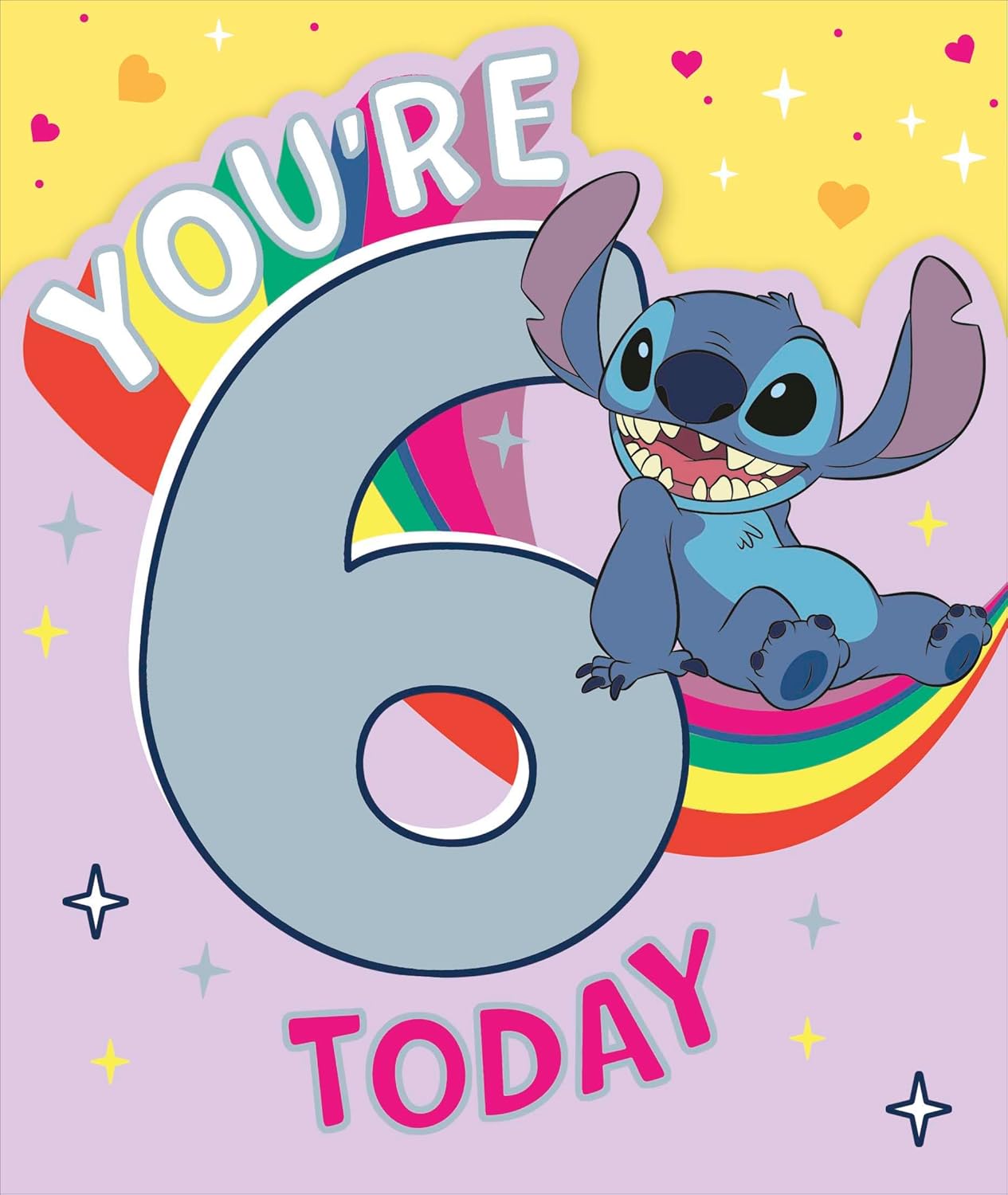 UK Greetings Disney Stitch girl birthday card featuring colorful Disney Stitch design for a 6th birthday celebration.
