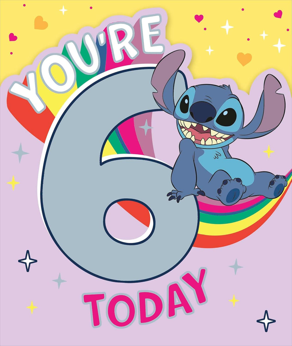 UK Greetings Disney Stitch girl birthday card featuring colorful Disney Stitch design for a 6th birthday celebration.