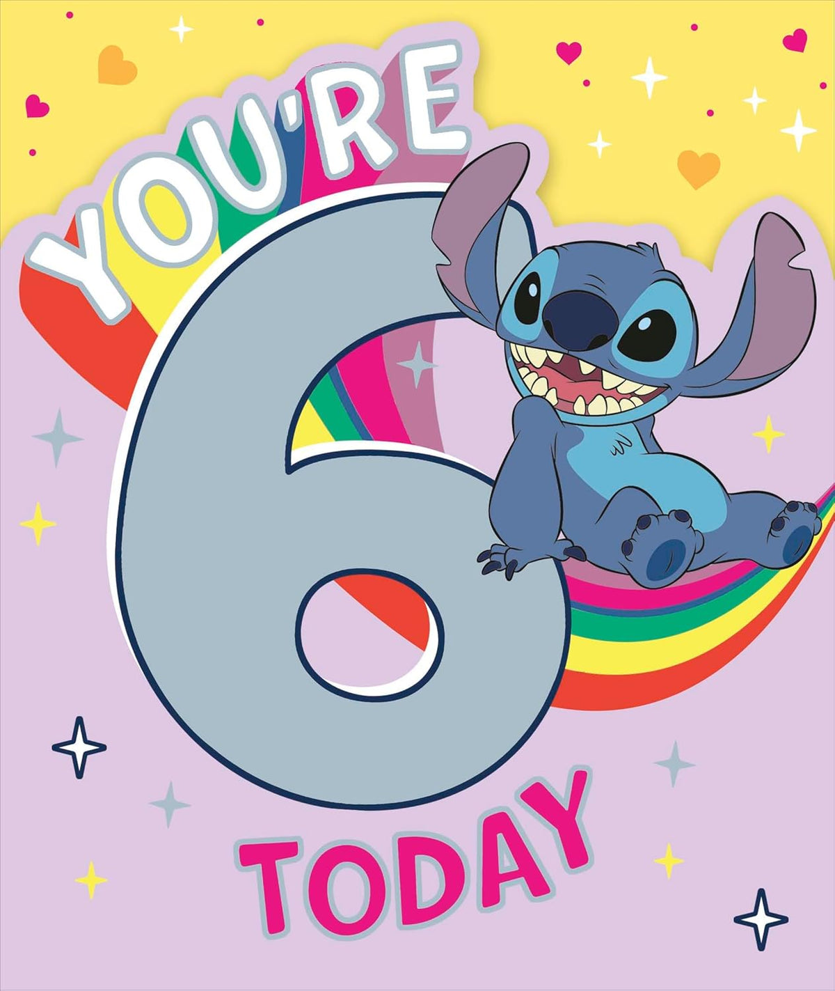 UK Greetings Disney Stitch girl birthday card featuring colorful Disney Stitch design for a 6th birthday celebration.
