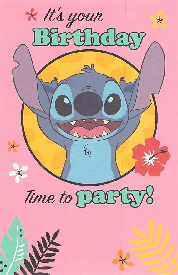 Disney Stitch girl birthday card by UK Greetings featuring colorful Stitch design on a cheerful birthday card.