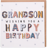 UK Greetings Kindred Grandson Happy Birthday Card, featuring colorful design and heartfelt message for grandson's birthday celebration.