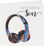 UK Greetings Kindred X Afrotouch Happy Birthday Son card with colorful birthday message and festive design.