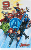 UK Greetings Marvel Avengers 9th birthday card with badge, featuring superhero graphics and colorful design for kids' celebration.
