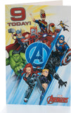 UK Greetings Marvel Avengers 9th birthday card featuring superhero graphics and a badge for celebrating a child's special day.