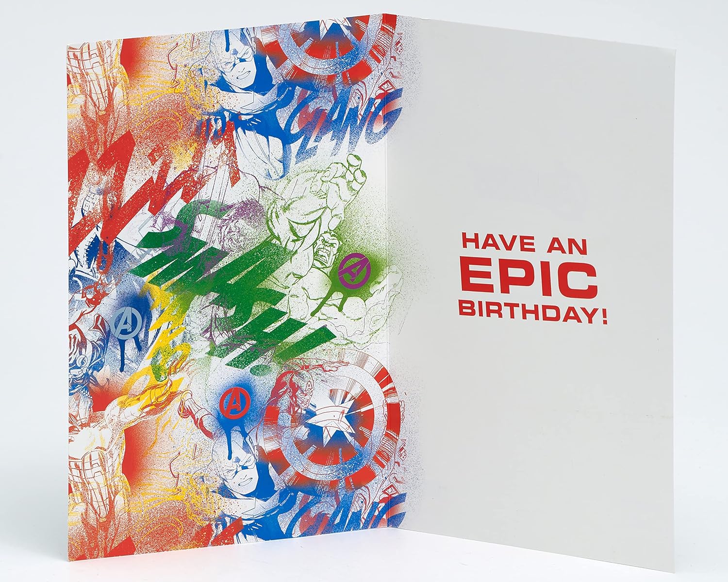 UK Greetings Marvel Avengers 9th birthday card featuring superhero characters and a badge, perfect for young Marvel fans.