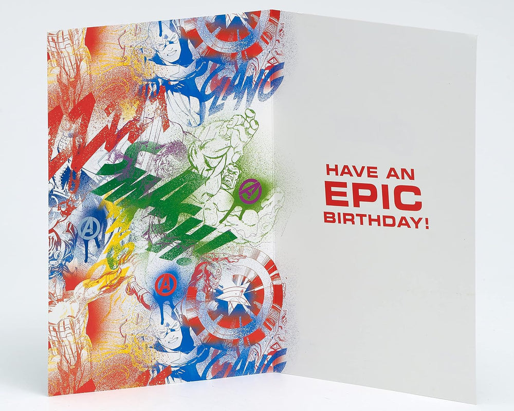 UK Greetings Marvel Avengers 9th birthday card featuring superhero characters and a badge, perfect for young Marvel fans.