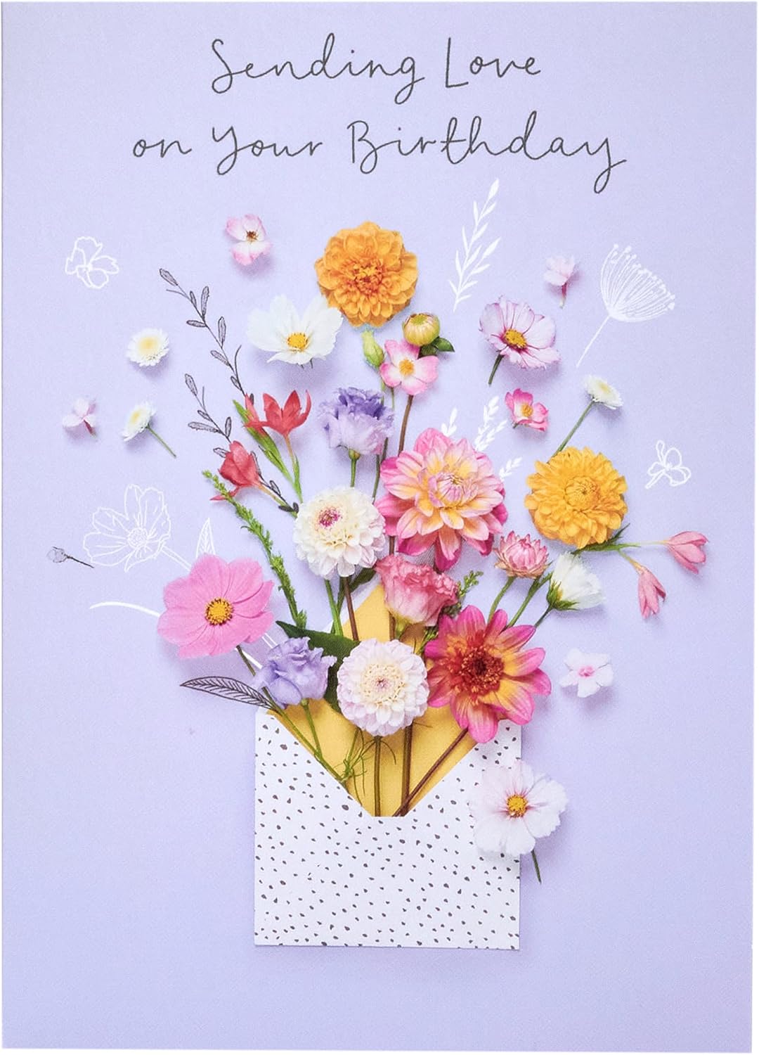 UK Greetings Meadows Birthday Card featuring elegant nature design, perfect for all ages, with colorful floral illustrations.
