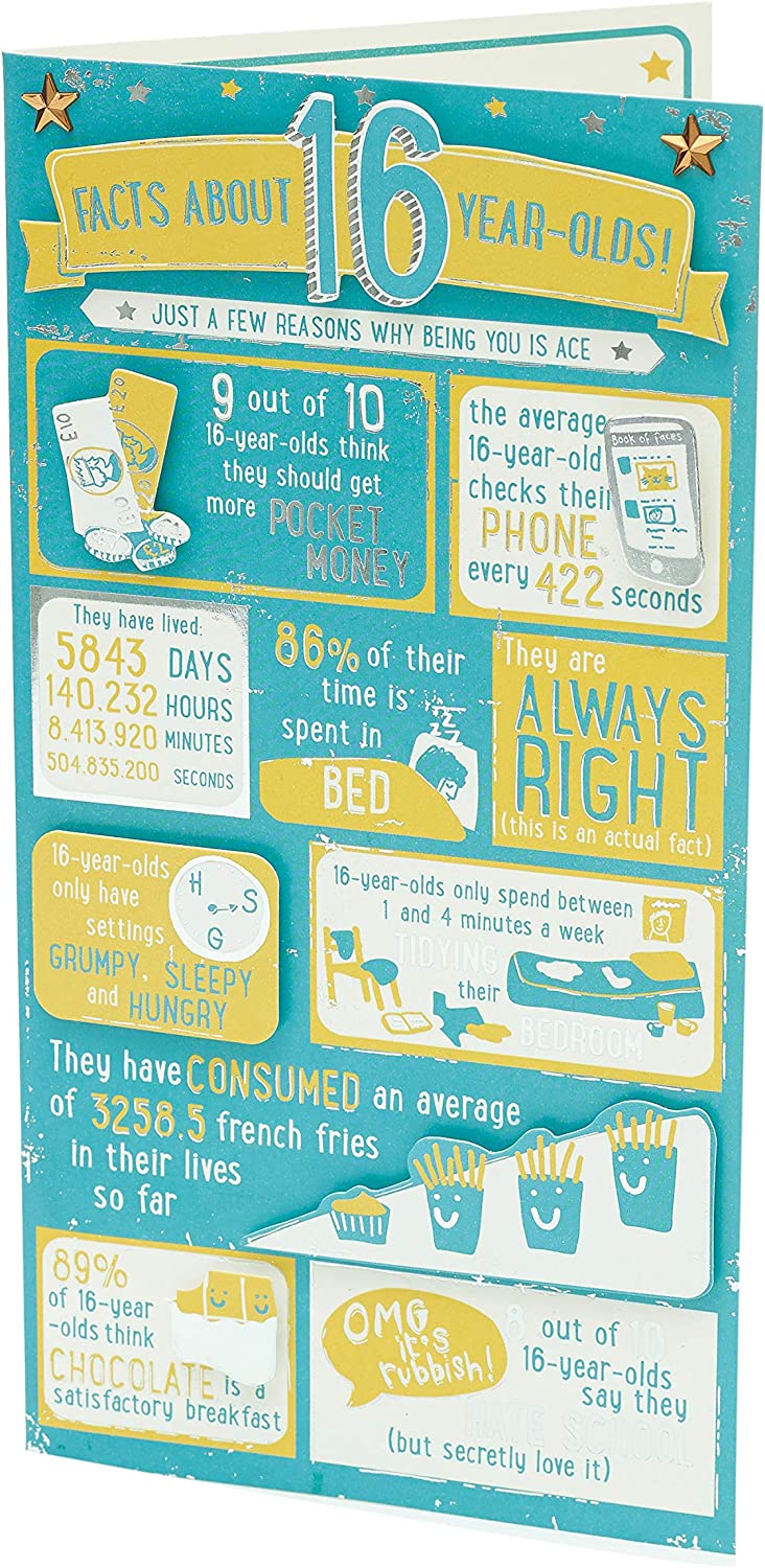 UK Greetings Relatable Facts 16th Birthday Card featuring colorful design and fun facts for celebrating a 16th birthday.
