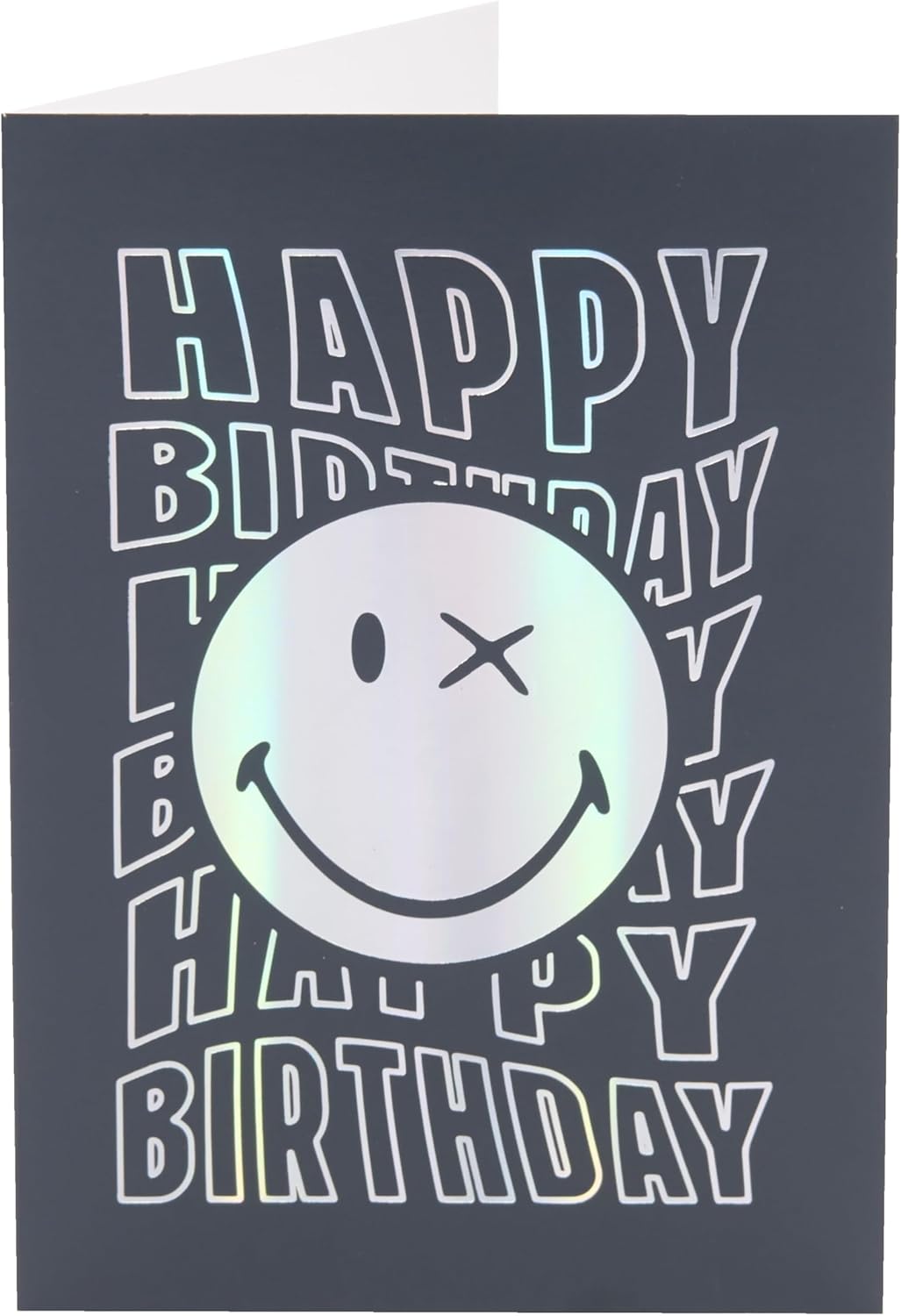 UK Greetings Silver Foil Smiley World birthday card featuring bright smiley face design, ideal for boys and men.