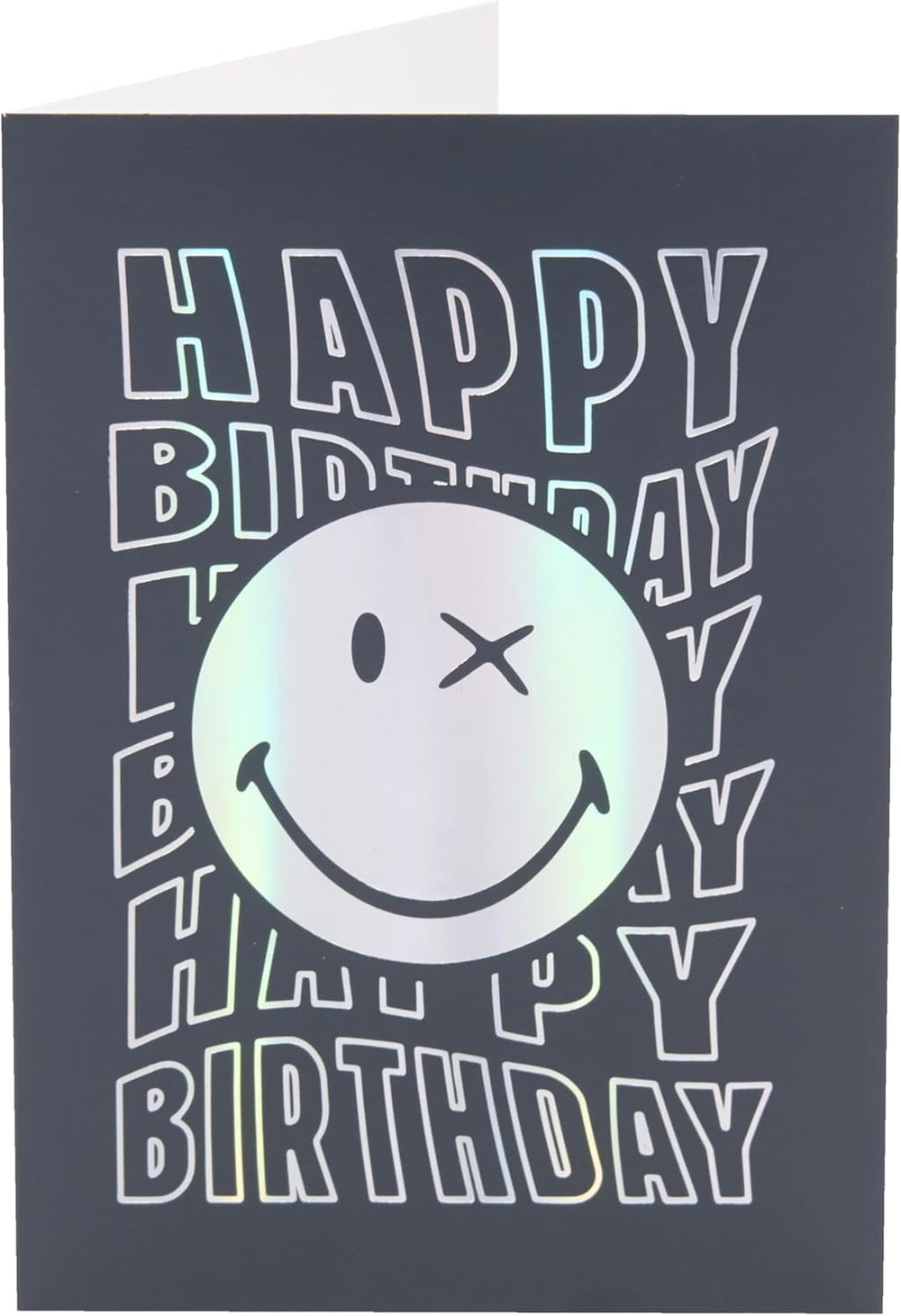 UK Greetings Silver Foil Smiley World birthday card featuring bright smiley face design, ideal for boys and men.