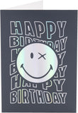 UK Greetings Silver Foil Smiley World birthday card featuring bright smiley face design, ideal for boys and men.