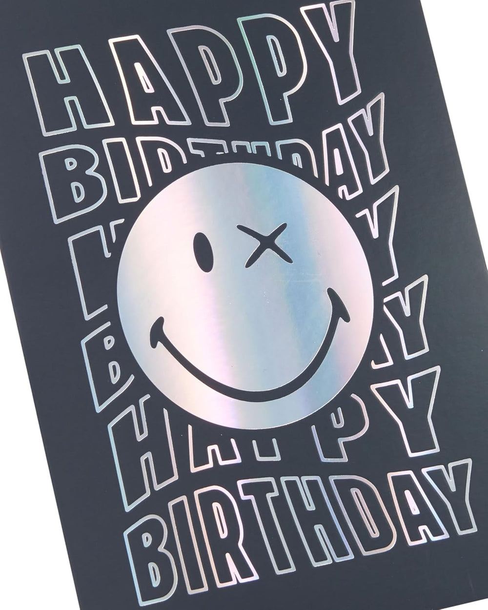 UK Greetings Silver Foil Smiley World birthday card featuring cheerful smiley face design, suitable for boys and men.
