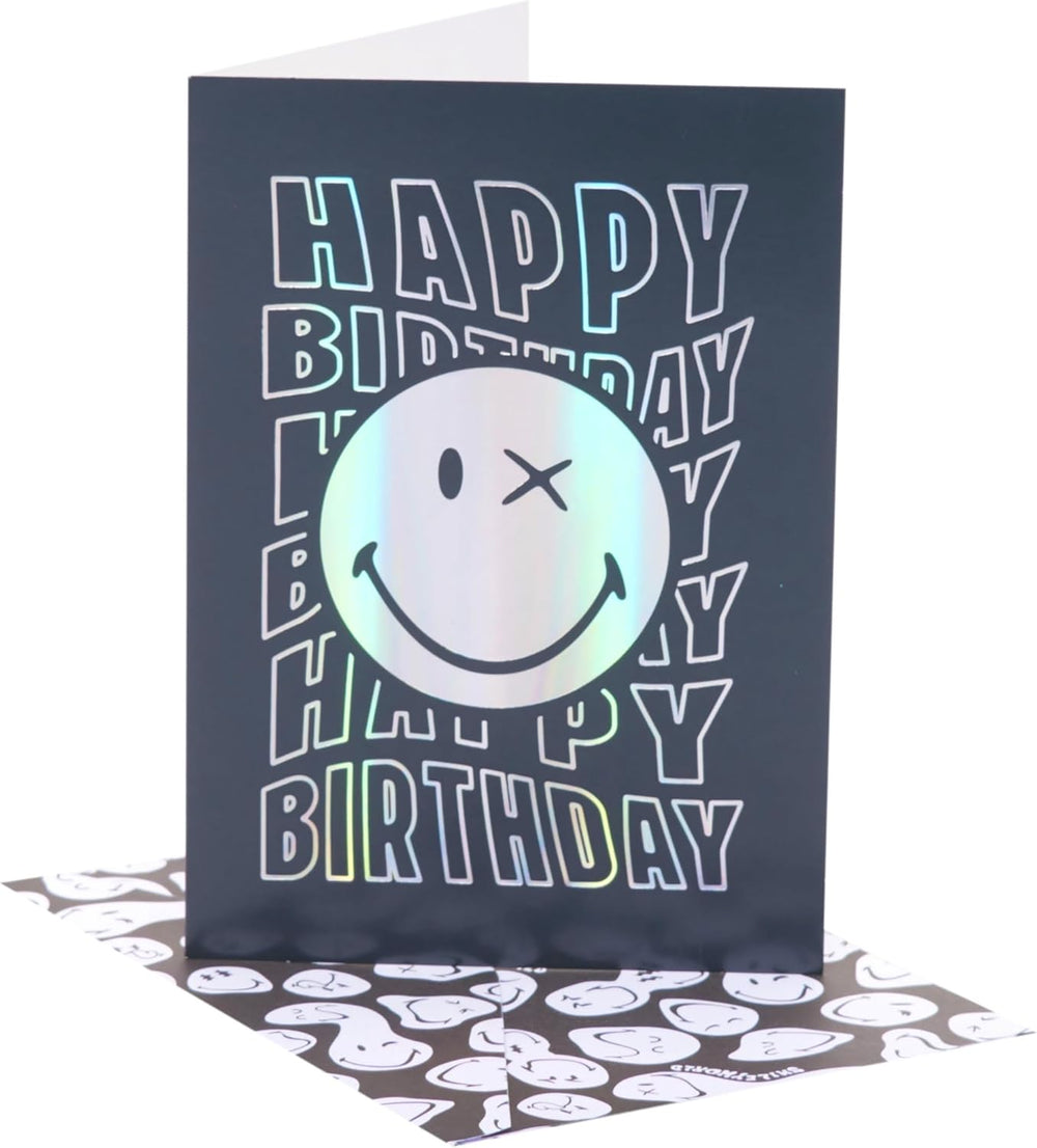 UK Greetings Silver Foil Smiley World birthday card featuring bright smiley face design, ideal for boys and men.