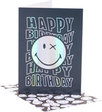 UK Greetings Silver Foil Smiley World birthday card featuring bright smiley face design, ideal for boys and men.